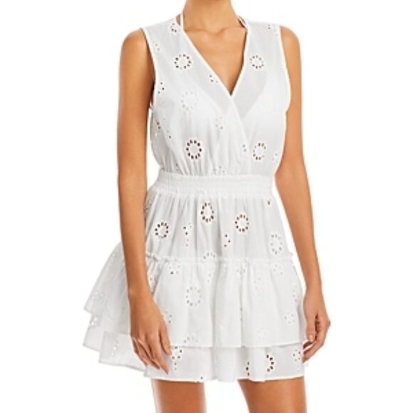 AQUA Swim Eyelet Ruffled Tiered Skirt Cover Up Dress Size XL White